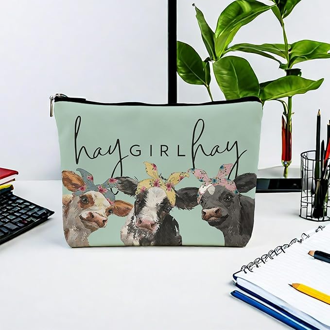 NEGIGA Cow Print Stuff,Cow Makeup Bag,Cow Gifts,Western Makeup Bag,Makeup Bags For Women,Cow Print(Green Pu Leather Cosmetic Bag)