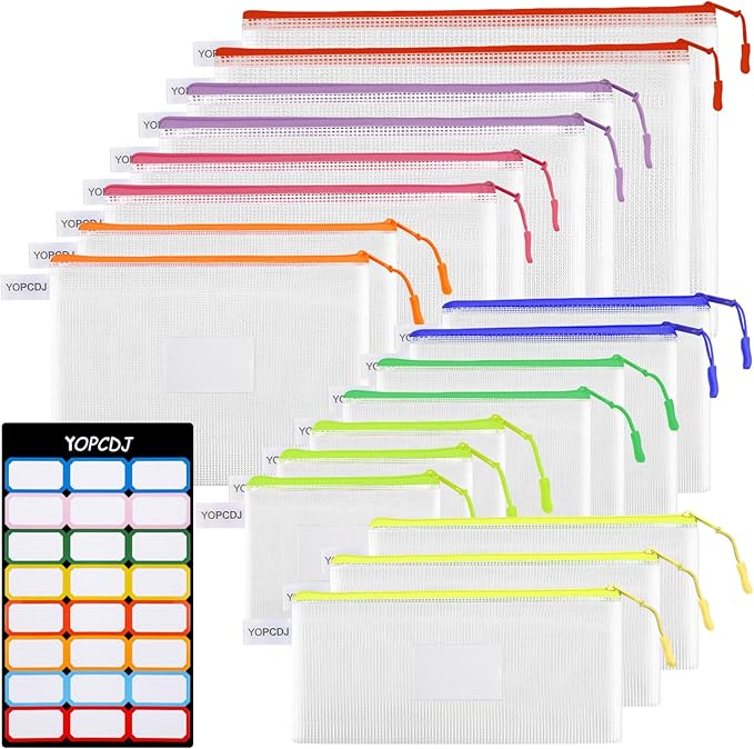 YOPCDJ 18 Pack 8 Size Mesh Zipper Pouch Bags, Waterproof Zipper Bags with Label Pocket,File Bags for Classroom Organization,Zipper Pouches of Office Supplies,Puzzles, Board Game Storage