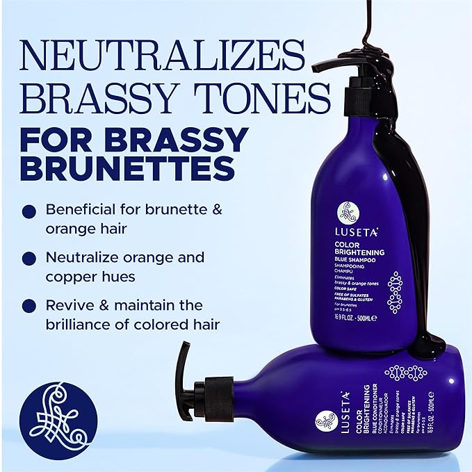 Luseta Color Brightening Blue Shampoo and Conditioner Set Orange & Copper Neutralizing for Brunettes & Dark Blondes, Brassiness Control Tone Correcting for Color Treated Hair, Sulfate Free 2x 16.9oz