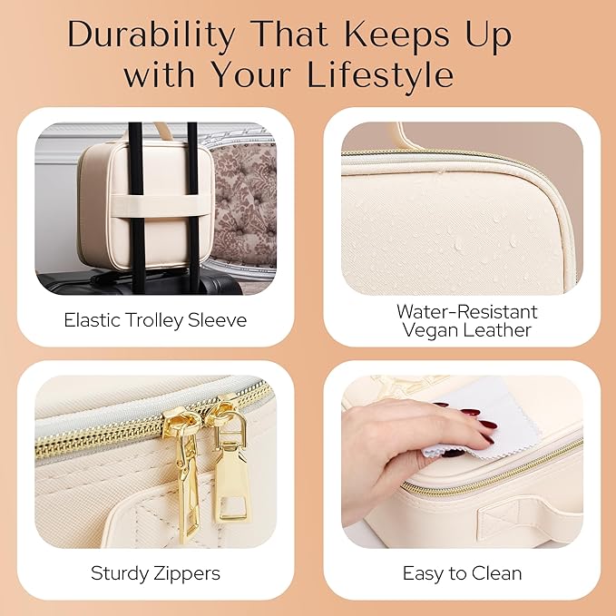 Aura In Bloom Makeup Bag with LED Mirror – Travel Cosmetic Organizer with Lighted Mirror, Adjustable Dividers & Brush Holder Storage – Portable PU Leather Makeup Case for Women & Girls - Cream