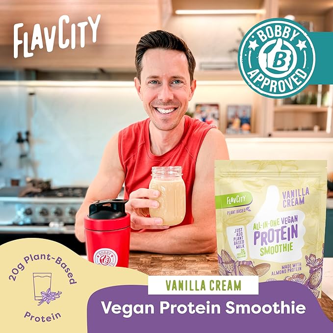 FlavCity Vegan Almond Protein Shake Powder, Vanilla Cream + Reishi & Cordyceps Mushrooms - Focus, Skin, Hair & Joint Support - Organic Fruit All in One Smoothie On-the-Go, 20 Servings