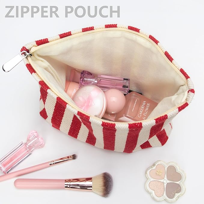 Flat Makeup Bag for Women,Zipper Cosmetic Pouch for Purse,Stripe Red