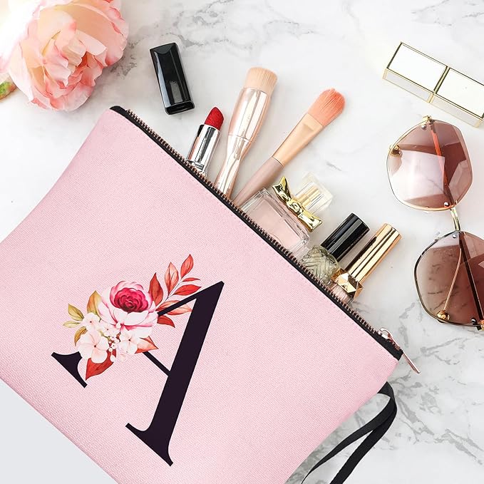 Vavabox A-Z Personalized Makeup Bag, Birthday Gifts for Women Mom, Gifts for Best Friend, Bride Bridesmaid Cosmetic bag (A, 06-Pink)