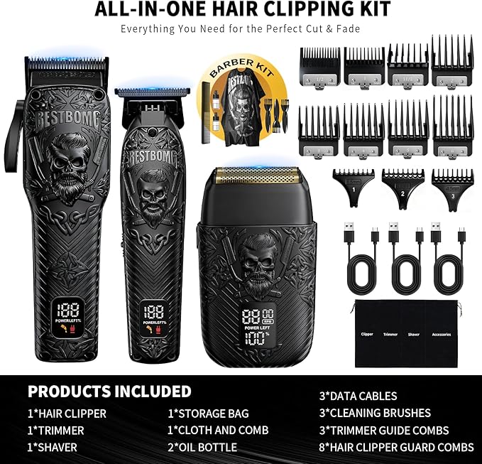 BESTBOMG Professional Cordless Mens Hair Clippers & Beard Trimmer and Electric Shavers Kits & Sets,Metal Hair Clippers Cutting Grooming Kit with Long Battery Life for Family Barber Use (Black)