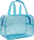 Junesters Clear Blue Star Large Makeup Bag with Star Pattern 12x5x8 inch, Travel Cosmetic Bag with Handle, Durable PVC Material Washbag Zipper Opening Design for Makeup Travel Organizer or Gym Use