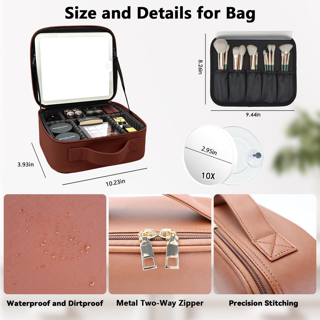 SLUMAZI Travel Makeup Bag with LED Mirror and 10x magnifying glass with 3 Lighted Settings, Adjustable Dividers and Makeup Brush Storage Bag Dark Brown