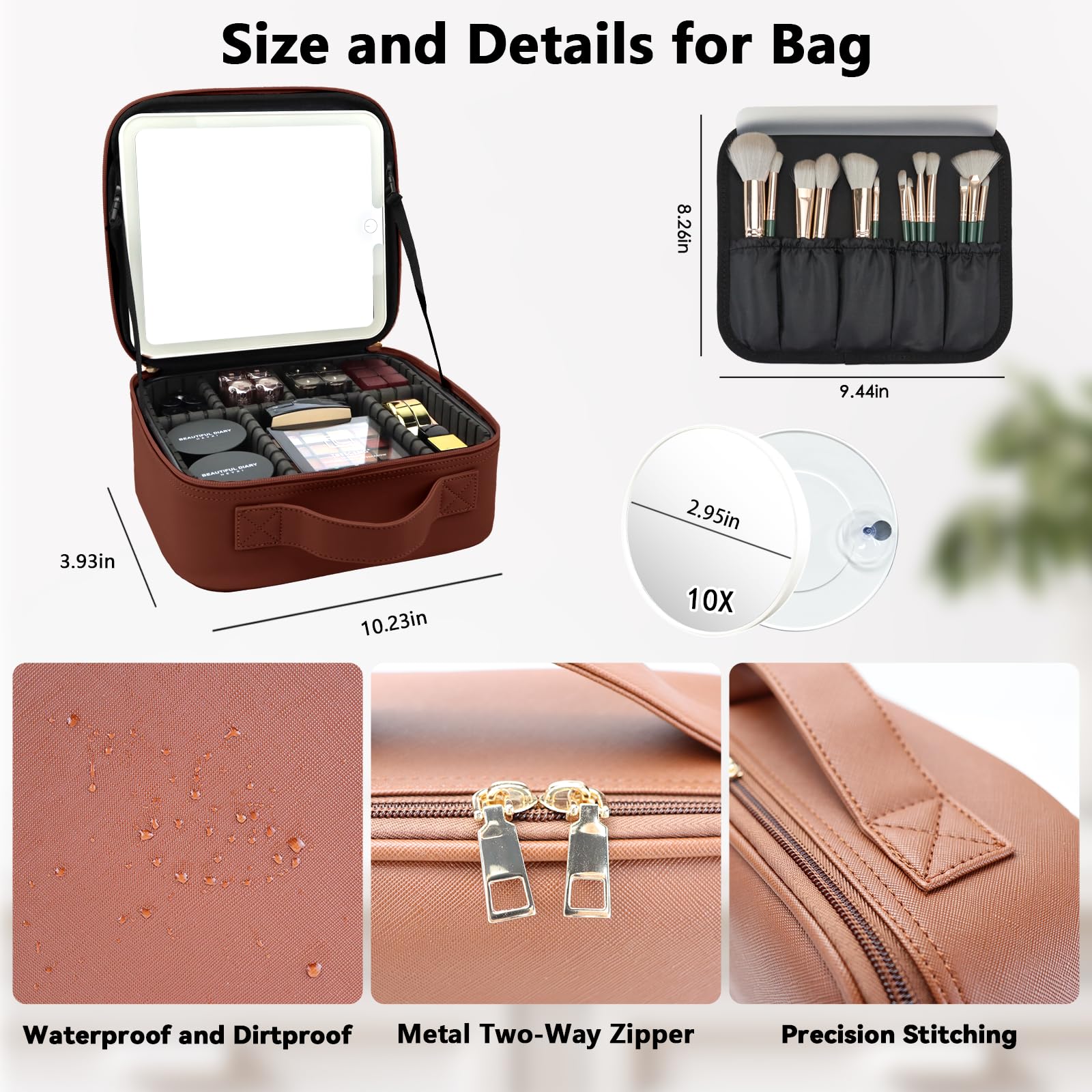 SLUMAZI Travel Makeup Bag with LED Mirror and 10x magnifying glass with 3 Lighted Settings, Adjustable Dividers and Makeup Brush Storage Bag Dark Brown