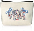 LIANGW Retro Floral USA 4th of July Makeup Bag, America Patriotic Cosmetic Bags for Women, Red White and Blue Bow USA Toiletry Bag for Women, cosmetic bag, makeup case