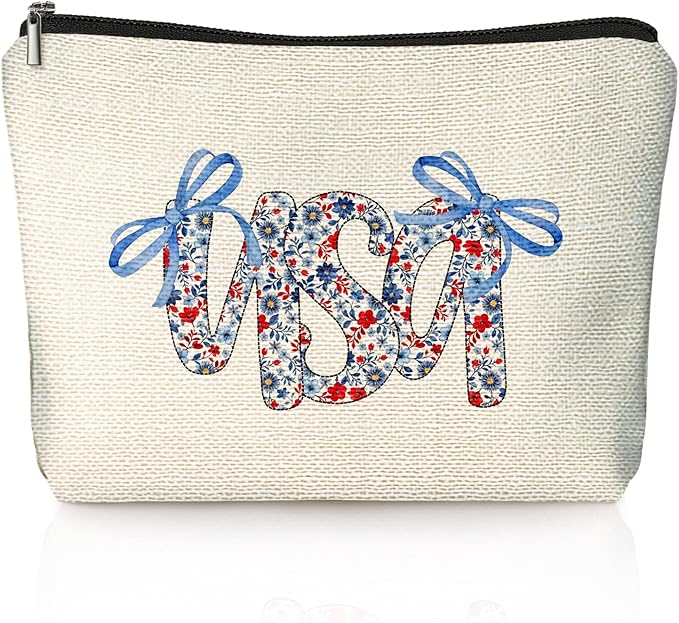 LIANGW Retro Floral USA 4th of July Makeup Bag, America Patriotic Cosmetic Bags for Women, Red White and Blue Bow USA Toiletry Bag for Women, cosmetic bag, makeup case