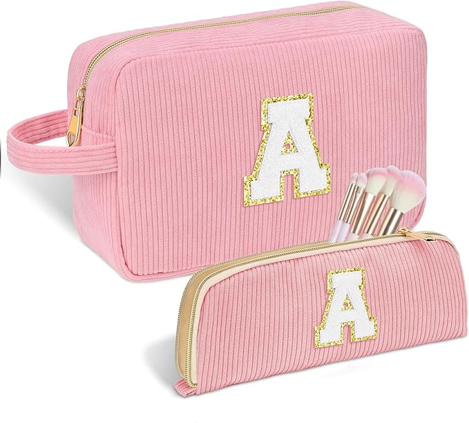 Sernaxi Personalized Initial Makeup Bag Trendy Stuff Corduroy Cosmetic Bag Travel Toiletry Bag, Valentine’s Day Gift Makeup Organizer Case & Makeup Pouch for Women teen Girls Mom Girlfriend Wife