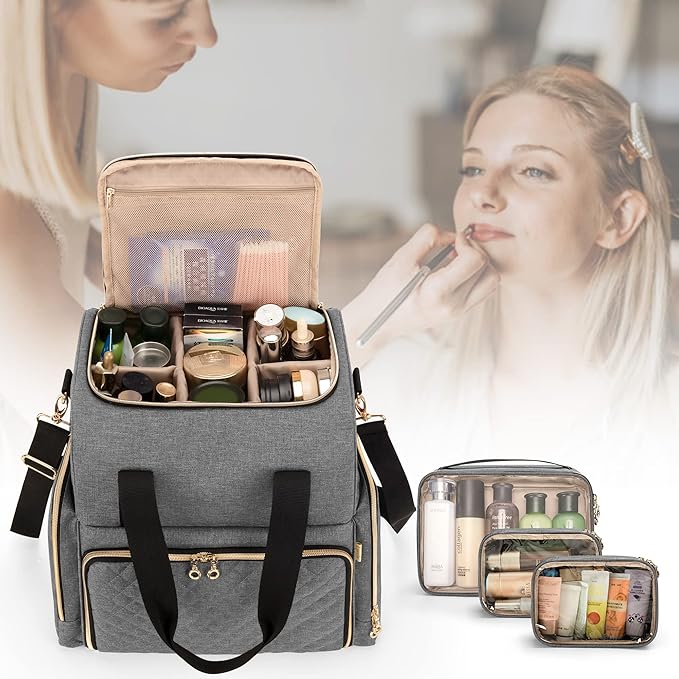 LUXJA Large Travel Makeup Bag with 3 Removable Makeup Cases, Gray