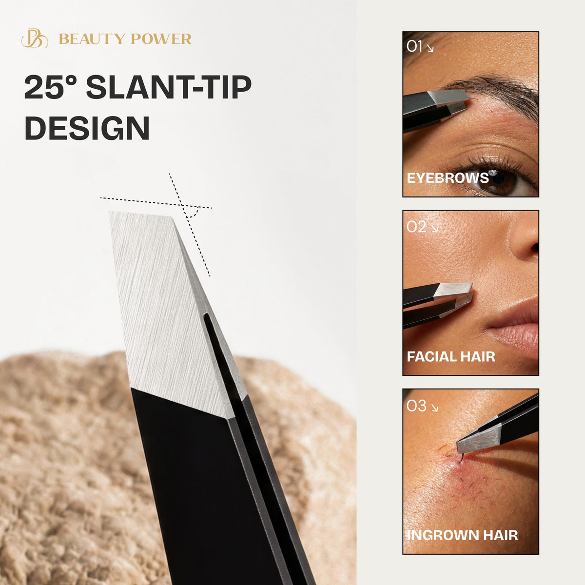 Beauty Power Tweezers for Women Facial Hair: Ultra Precision Tweezers for Women & Men, Sharp Slant Tweezer for Eyebrows, Ingrown Hair Removal. Professional Plucker, German Stainless Steel (Black)