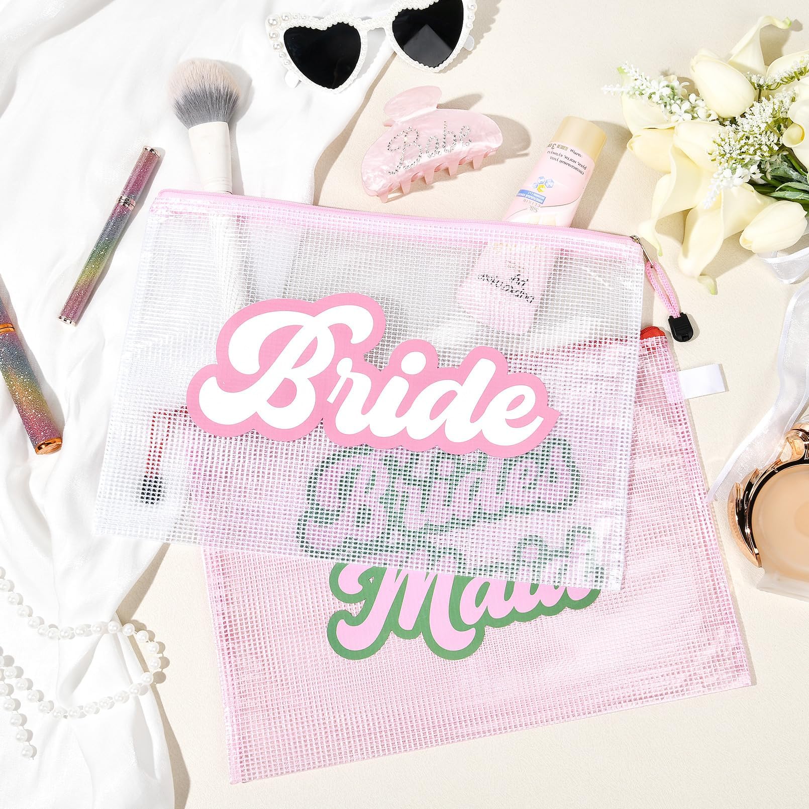 SOIDRAM 6PCS Bridesmaid Makeup Bag Clear Zippered Bag Bridesmaid Proposal Gifts Cosmetic Pouch for Wedding Party Favors Bachelorette Party Decorations Toiletry Organizer Bag Cosmetic Case Gift