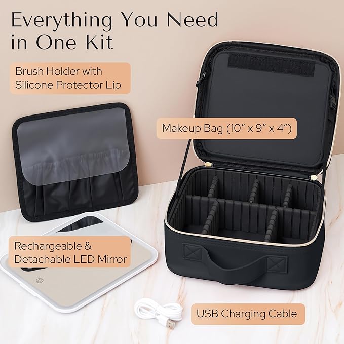 Aura In Bloom Makeup Bag with LED Mirror – Travel Cosmetic Organizer with Lighted Mirror, Adjustable Dividers & Brush Holder Storage – Portable PU Leather Makeup Case for Women & Girls - Black