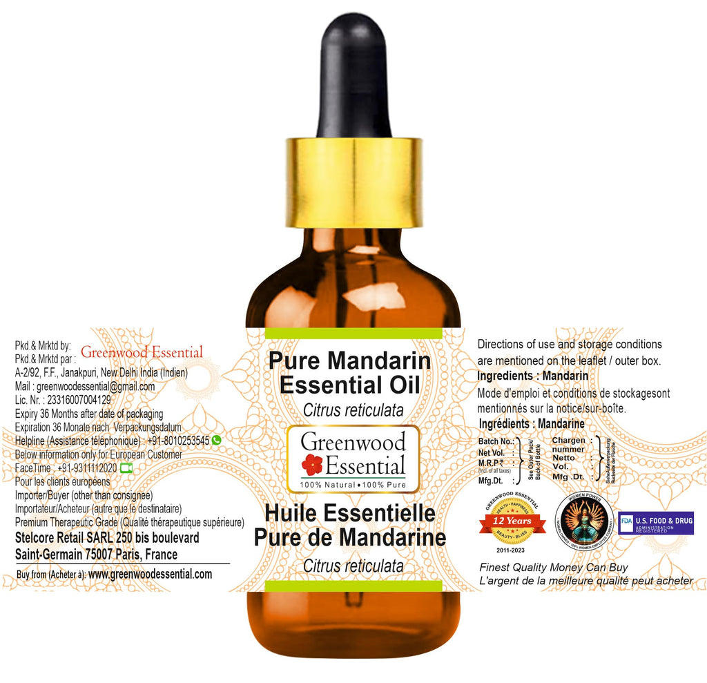 Greenwood Essential Pure Mandarin Essential Oil (Citrus reticulata) with Glass Dropper Steam Distilled 100ml (3.38 oz)