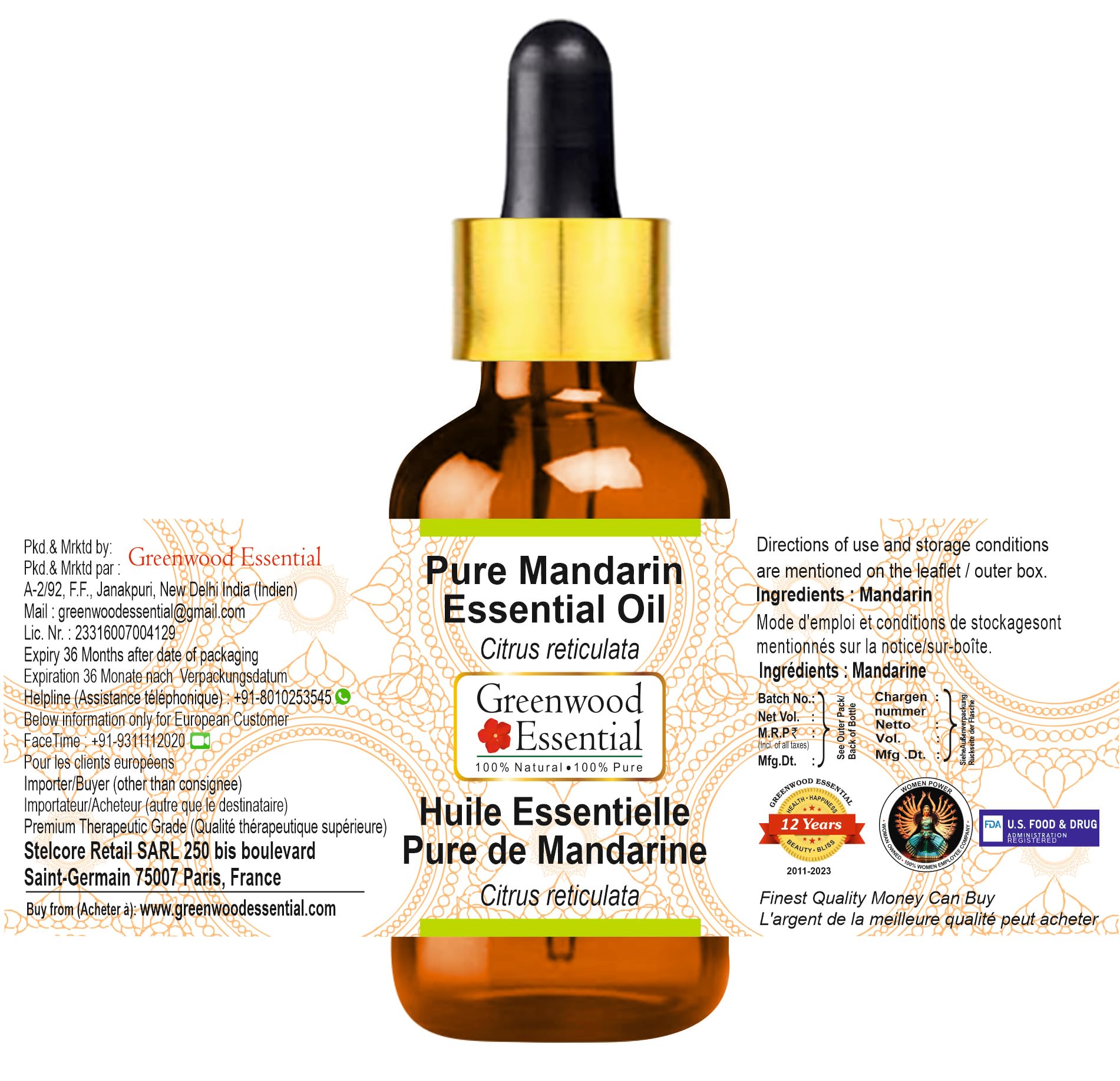 Greenwood Essential Pure Mandarin Essential Oil (Citrus reticulata) with Glass Dropper Steam Distilled 100ml (3.38 oz)