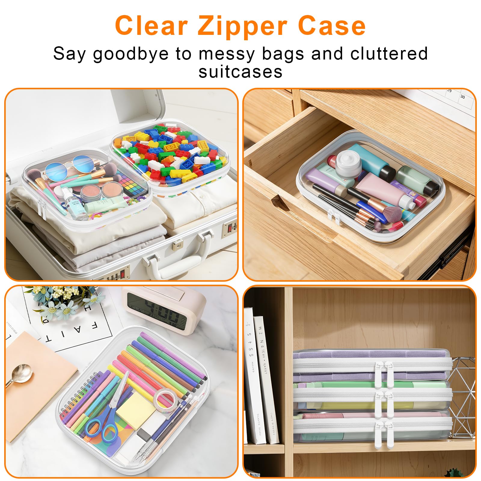 3PCS Clear Hard Shell Zipper Case,9.9*7.9*2in,Travel Toiletry Cosmetic Bags