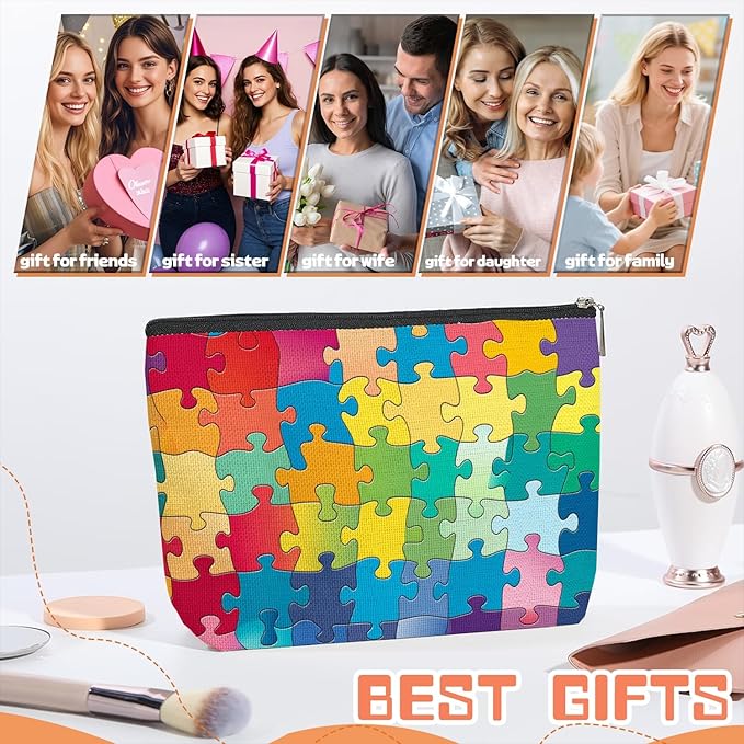 Scribesense Makeup Bag Travel Cosmetic Bags Small Makeup Case Waterproof Zipper Pouch for Women Girls 7X9inches - Colorful Puzzle Pieces Pattern