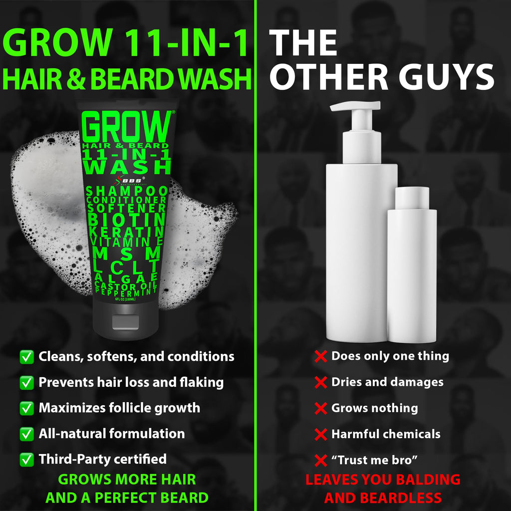 Beard Growth Kit w/GROW XXL Beard Serum for Maximum Facial Hair & Conditioner + GROW 11-in-1 Mens Shampoo & Conditioner (Hair Growth Shampoo for Men w/Biotin) - Formulated in America