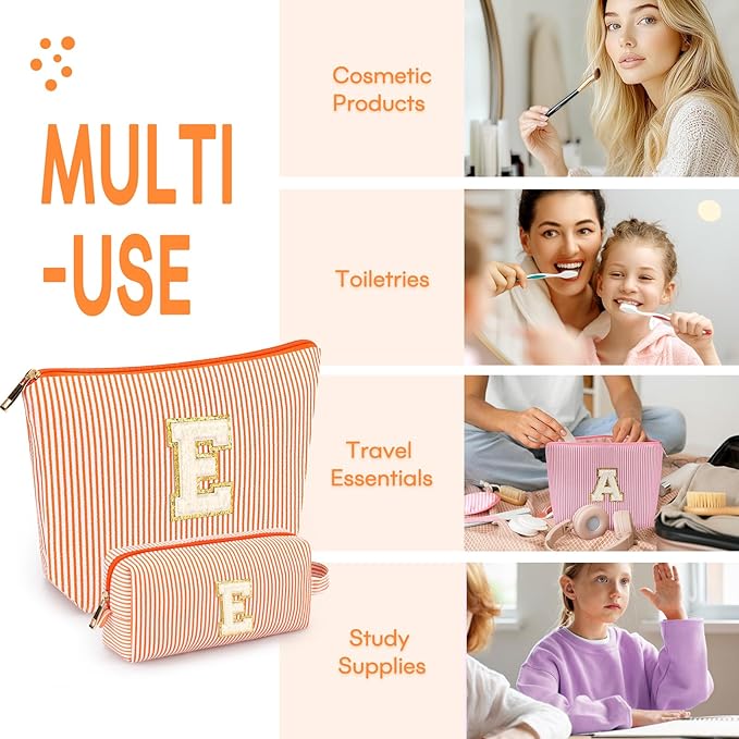 mibasies 2 PCS Initial Makeup Bags for Women: Cosmetic Bag for Travel Toiletry - Personalized Cute Makeup Pouch - Gifts for Grilfriend Wife Moms Bridesmaid - Retirement Travel Gifts - Orange E