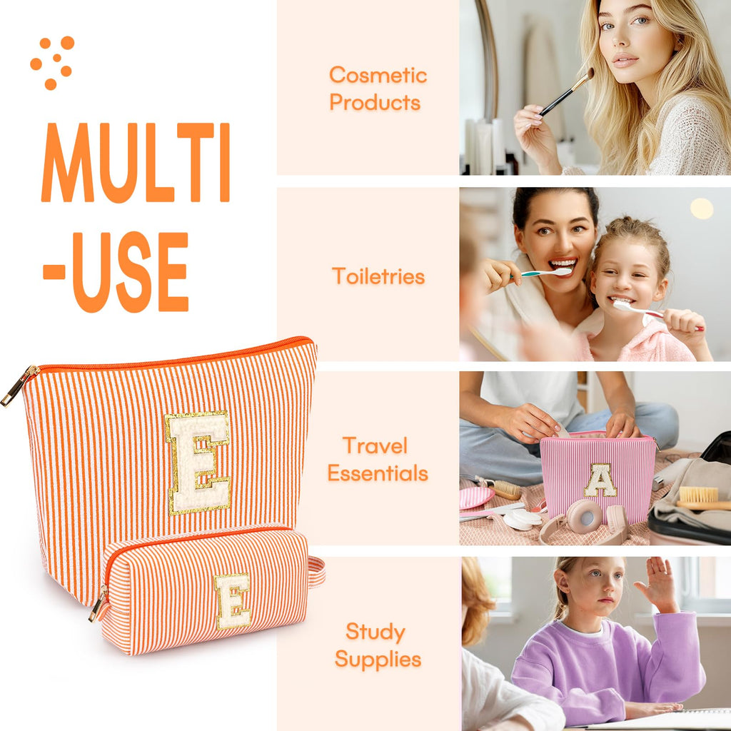 mibasies 2 PCS Initial Makeup Bags for Women: Cosmetic Bag for Travel Toiletry - Personalized Cute Makeup Pouch - Gifts for Grilfriend Wife Moms Bridesmaid - Retirement Travel Gifts - Orange E