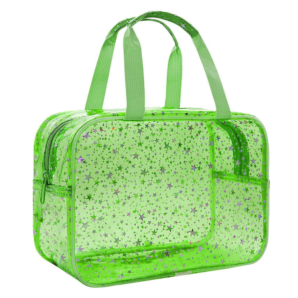 Junesters Large Clear Makeup Bag 12x5x8 Green Star Pattern - Waterproof PVC Travel Cosmetic Organizer with Handle, Durable Transparent Toiletry Case for Women Girls Travel Gym Beach Storage