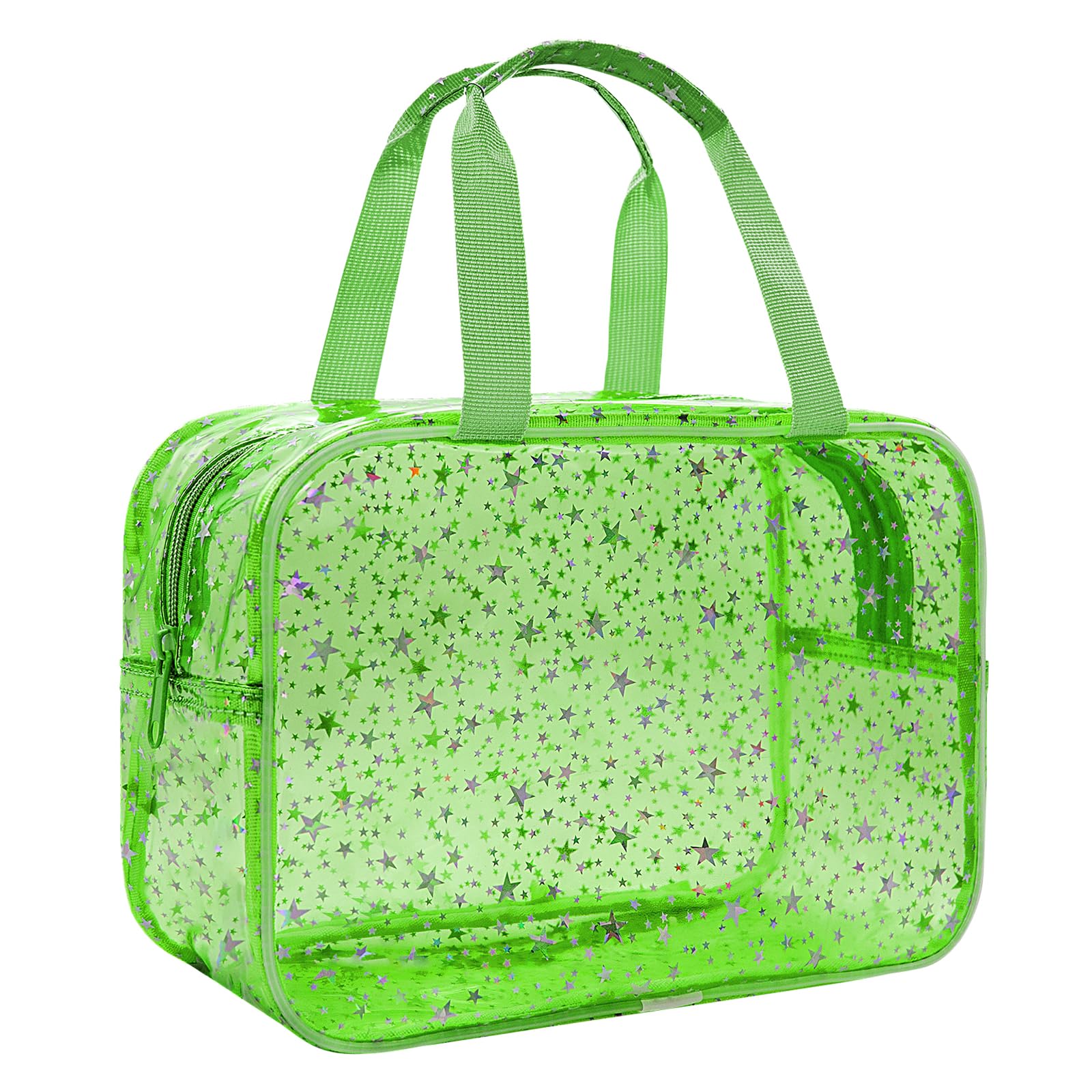 Junesters Large Clear Makeup Bag 12x5x8 Green Star Pattern - Waterproof PVC Travel Cosmetic Organizer with Handle, Durable Transparent Toiletry Case for Women Girls Travel Gym Beach Storage