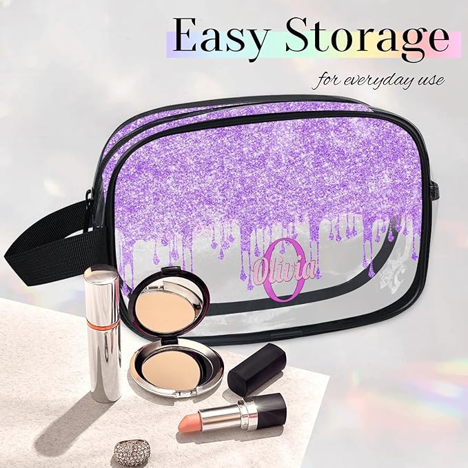 KFNHN Personalized Travel Cosmetic Bag Waterproof Makeup Bags, Custom Name Clear PVC Organizer Case Toiletries Container Bag, Romantic Purple Curtain Glittering