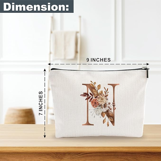 YKYENR A-Z Boho Personalized Cosmetic Bag-Floral Cotton Letter Makeup Bag With Zipper-Artistic Cosmetic Bag For Travel-Bride,Birthday Gift For Women Daughter Friends-Women Makeup Organizer-A14