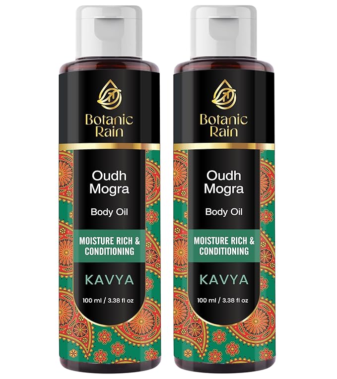 Botanic Rain Ayurveda Body Oil for Dry & Crepey Skin – Non-Greasy After Shower Lightweight Moisturizer with Oudh & Mogra, 3.38 fl oz (2, Mogra)