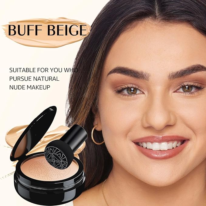 Air Cushion CC Cream Mushroom Head Foundation, Moisturizing BB Cream Makeup Long Lasting, Cushion Foundation Even Skin Tone for Oily & Combination Types (Buff Beige)
