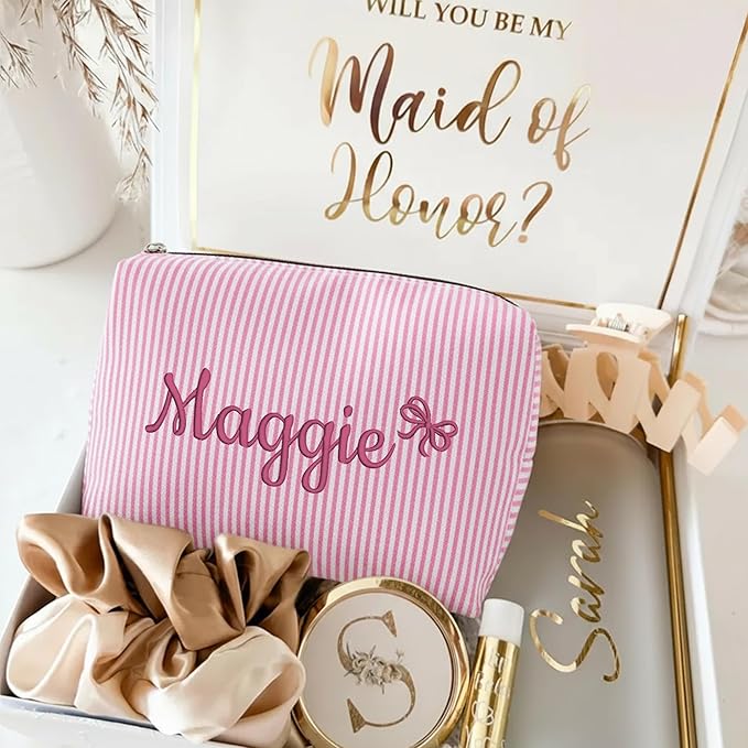 Ajiangwu Personalized Makeup Bag with Embroidered Name&Birth Flower for Bridesmaid Gifts,Custom Small Travel Cosmetic Bag Toiletry Bag Wedding Gifts for Bride