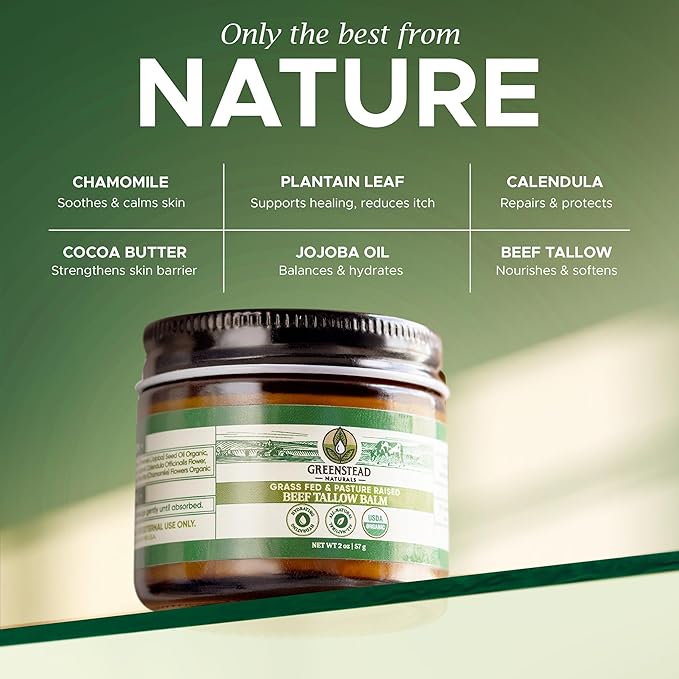 Greenstead Naturals Organic Beef Tallow for Skin – USDA-Certified Organic Tallow Balm for Skin Face and Body with Jojoba Oil and Cocoa Butter – No Added Fragrance, Herb-Infused – 2 oz.