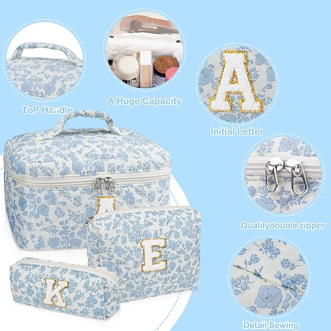 Initial Makeup Bag Set, Personalized Quilted Makeup Bag, Large Floral Cosmetic Bag for Women, Cute Cotton Custom Make up Bags, Flower Travel Toiletry Bag Teen Girl Gift Blue Flower M