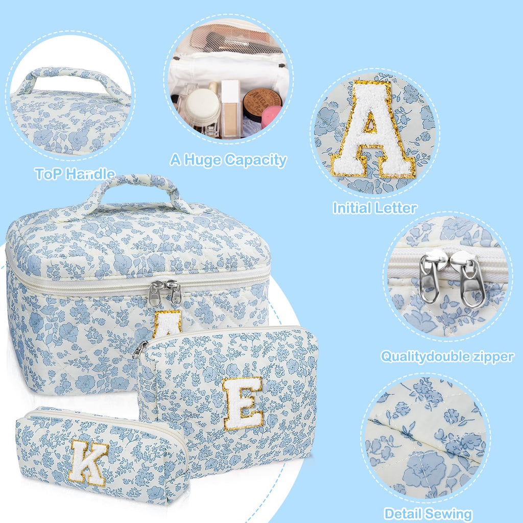 Junesters Initial Makeup Bag Set, Personalized Quilted Makeup Bag, Large Floral Cosmetic Bag for Women, Cute Cotton Custom Make up Bags, Flower Travel Toiletry Bag Teen Girl Gift Blue Flower K