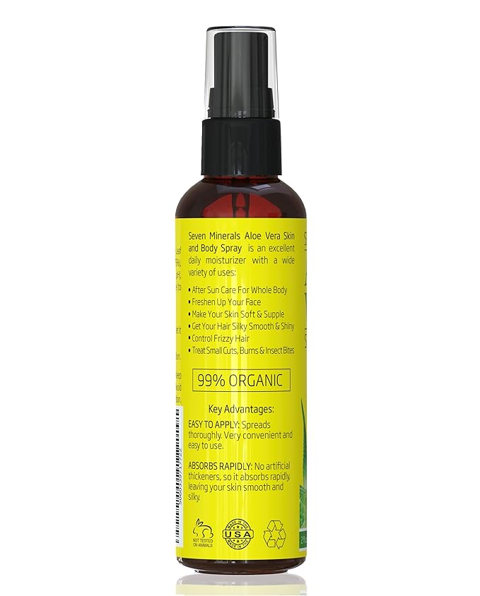 Seven Minerals Travel Size Aloe Vera Spray with Pure Aloe From Freshly Cut Organic Aloe Plant, Not Powder - No Xanthan,So It Absorbs Rapidly With No Sticky Residue (2 fl oz)