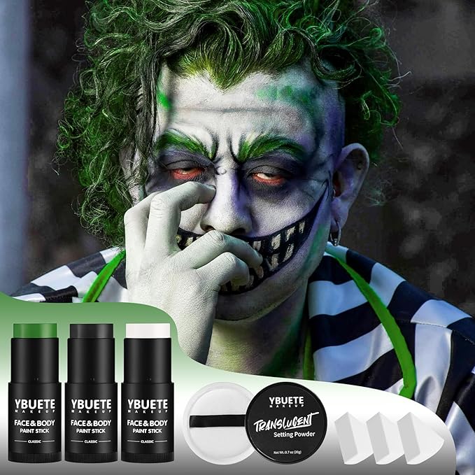 YBUETE Black White Green Face Body Paint Stick Set for Halloween Cosplay