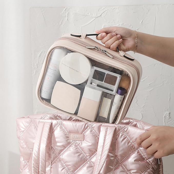 Veki TSA Approved Toiletry Bag Transparent Makeup Bags, Medium Pink
