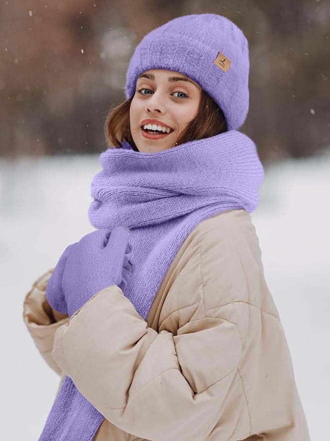LOROME Winter Beanie Hat Gloves Scarf, Cashmere Hat Gloves Scarf Set Women