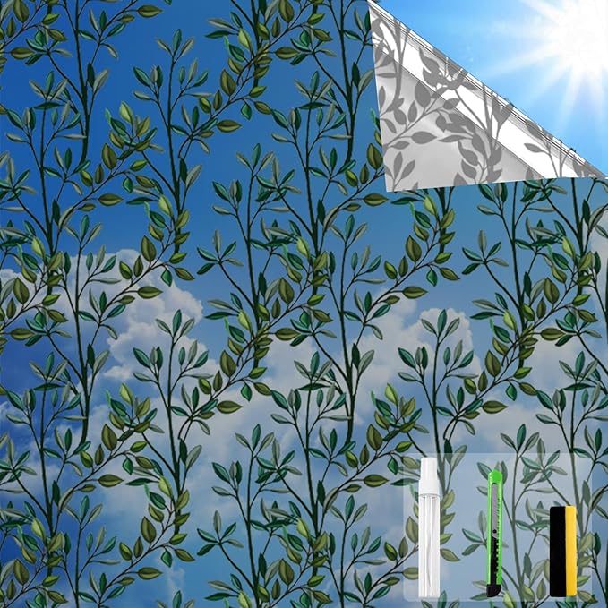 One Way Privacy Film, Window Tint for Home,Daytime Reflective, Anti UV Static Cling Sliding Door Coverings No Glue Garage Solar Paper (Black - Silver-Leaves, 35.4X 78.7 in)