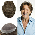 F M FACE MIRACLE NEW YORK French Lace Mens Toupee Hairpieces Soft Human Hair Replacement System Natural Hairline Toupee for Men Lace Center with Poly V-Looped Man hair Units 8"X10" 4# MEDIUM BROWN