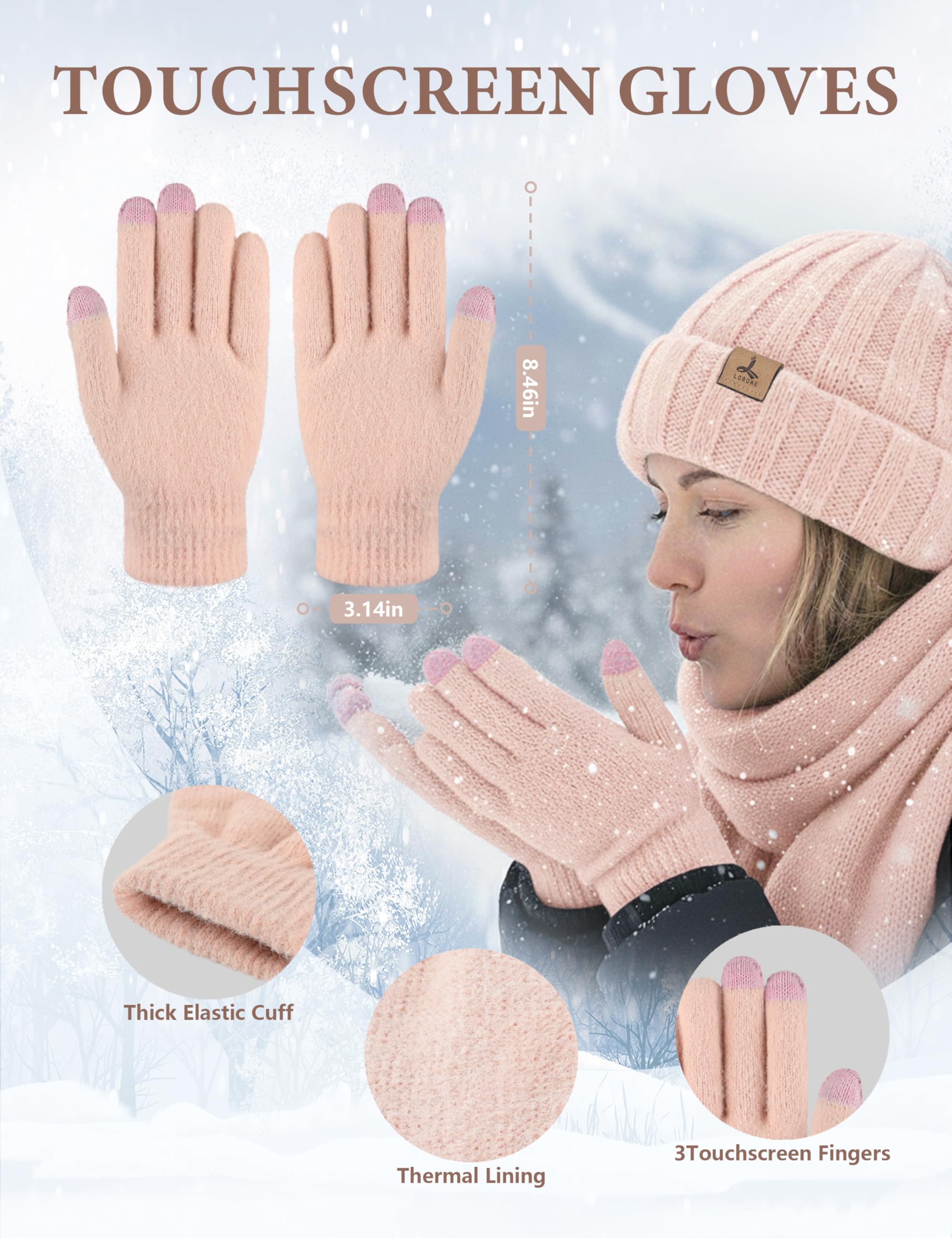 LOROME Winter Beanie Hat Gloves Scarf, Cashmere Hat Gloves Scarf Set Women