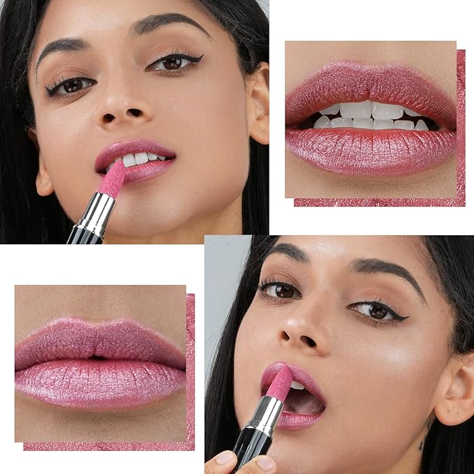 Anglicolor 2pcs Metallic Nude Pink Lipstick,High Impact Lipcolor,Lightweight Hydrating Formula Smooth and Non-Sticky,Frosted Lipstick For Women,Girls,Full-Coverage Lip Color
