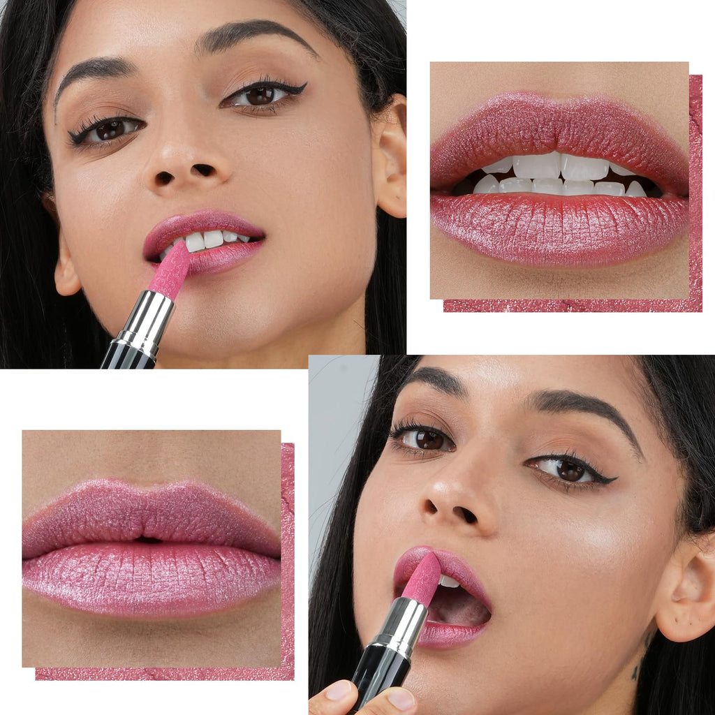 Anglicolor 2pcs Metallic Nude Pink Lipstick,High Impact Lipcolor,Lightweight Hydrating Formula Smooth and Non-Sticky,Frosted Lipstick For Women,Girls,Full-Coverage Lip Color
