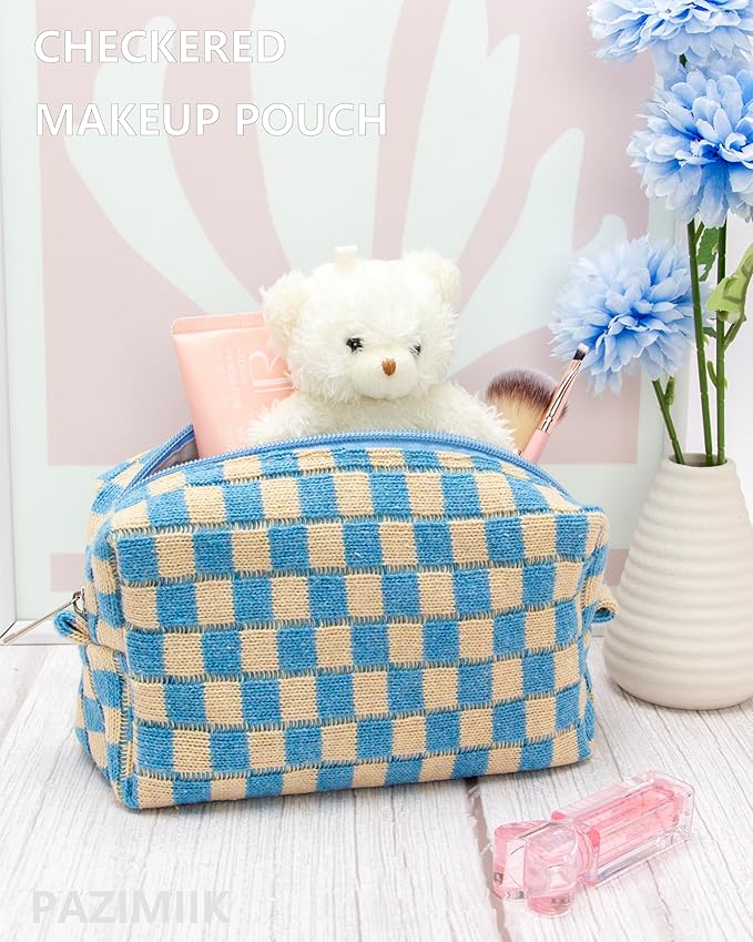 Checkered Makeup Bag for Purse, Small Cosmetic Pouch,Blue Beige,2 Pack