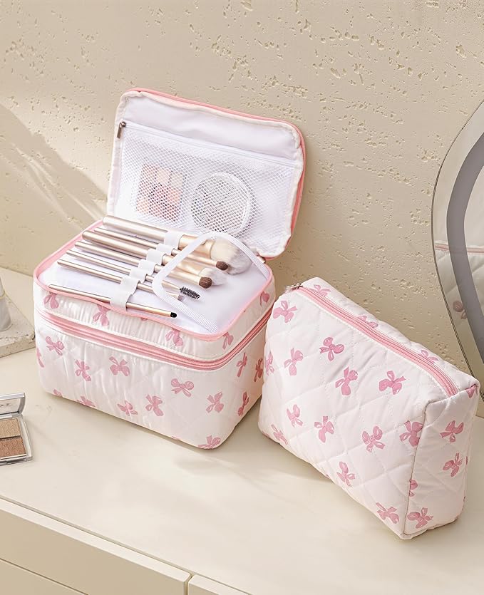 HBselect 2Pcs Travel Makeup Bag Large Quilted Cosmetic Bag Make up Bag