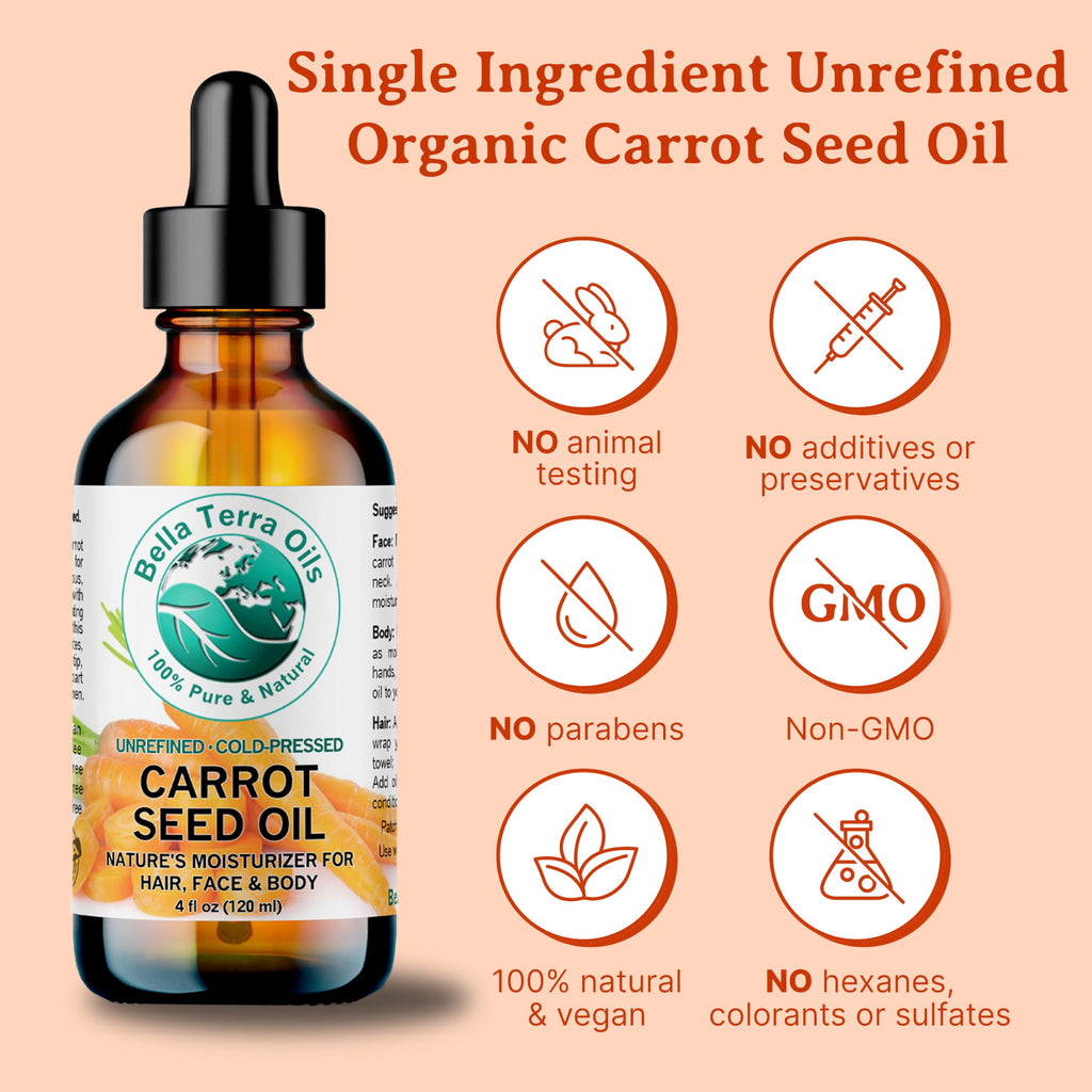 Bella Terra Oils - Organic Carrot Seed Oil 2 oz - Cold-Pressed Elixir, Abundant in Vitamin A & E, Beta-Carotene Richness, Ideal for Nourished Skin Radiance