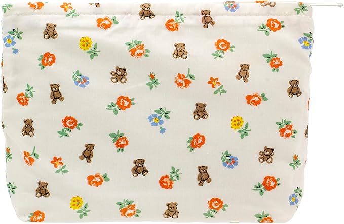 Flat Makeup Bag for Women,Zipper Cosmetic Pouch for Purse,Flower Bear White