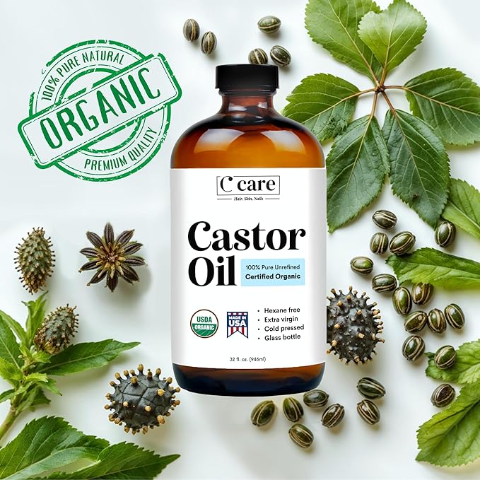 Castor Oil 100% Pure Organic Cold Pressed Unrefined Glass Bottle | USDA Certified Organic | Hexane Free Extra Virgin | for Hair Growth Eyebrows Eyelashes Skin and Castor Oil Pack Wrap