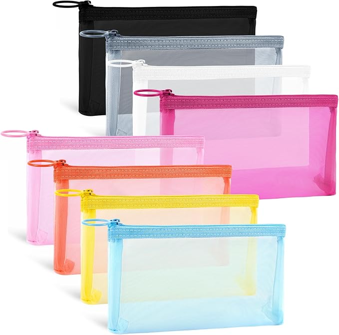 Fassave 8 Pack Mini Zipper Mesh Makeup Bags, Nylon Cosmetic Bags Toiletry Purse Travel Organizer Bags Inside Bag for Office Travel Organization (Widened-Multicolor, M)
